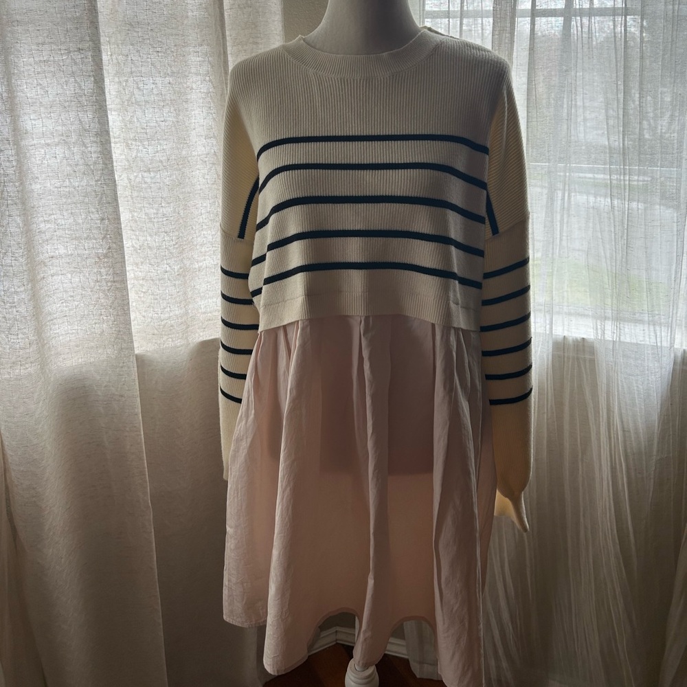 Striped Knit Top with Light Pink Skirted Hem Dress